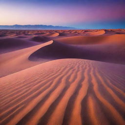 A mesmerizing oasis with glowing purple sand dunes beneath a deep blue sky.