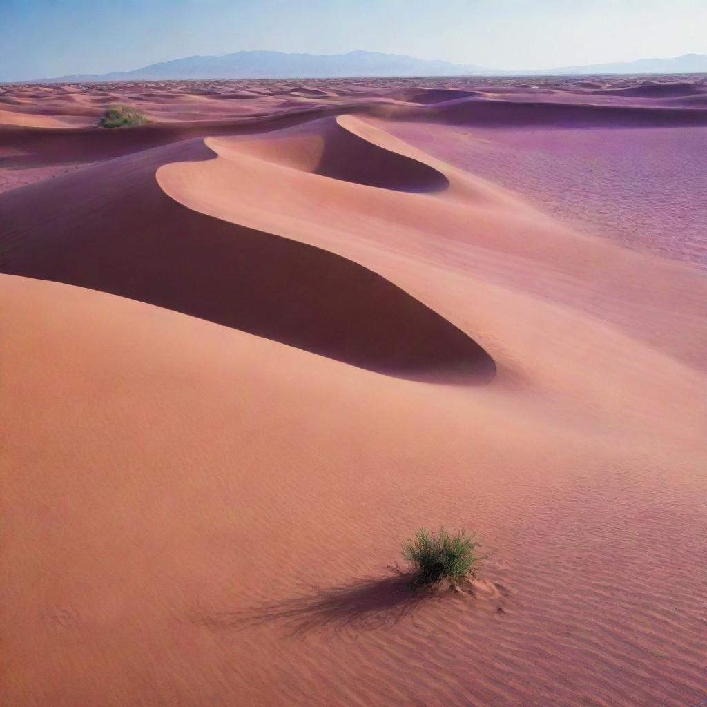 A captivating scene of an oasis surrounded by expansive purple sand dunes.