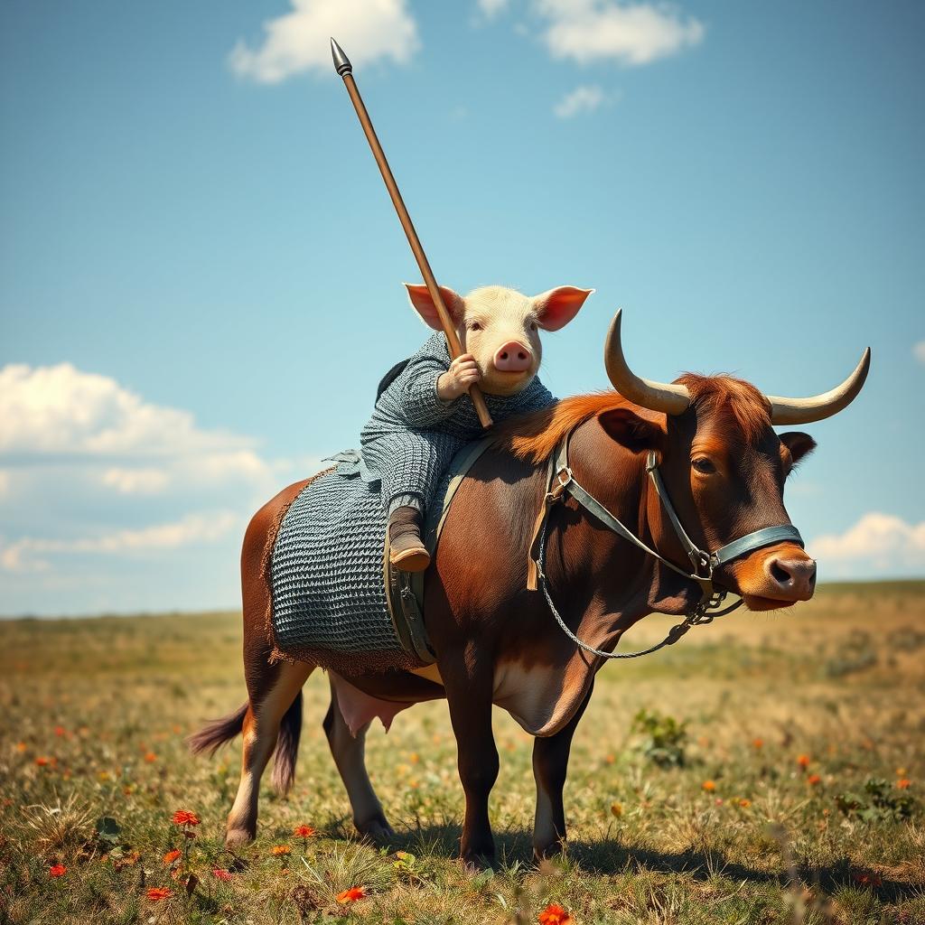 A fantastical scene featuring a pig clad in chainmail armor, confidently riding a cow that is equipped with protective barding