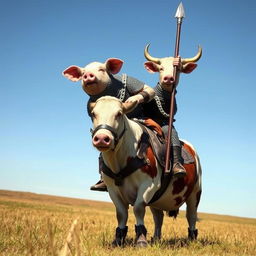 A fantastical scene featuring a pig clad in chainmail armor, confidently riding a cow that is equipped with protective barding