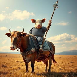 A fantastical scene featuring a pig clad in chainmail armor, confidently riding a cow that is equipped with protective barding