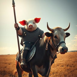 A fantastical scene featuring a pig clad in chainmail armor, confidently riding a cow that is equipped with protective barding