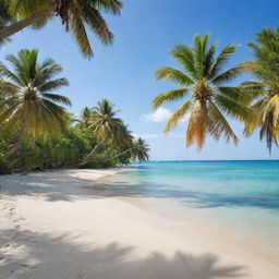 A serene oasis with lush green palm trees, clear sparkling water and glistening sand under an azure sky.