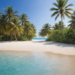 A serene oasis with lush green palm trees, clear sparkling water and glistening sand under an azure sky.