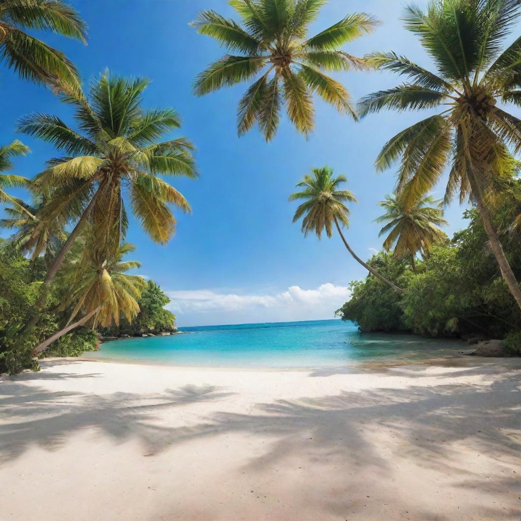 A serene oasis with lush green palm trees, clear sparkling water and glistening sand under an azure sky.