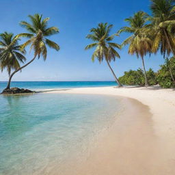 A serene oasis with lush green palm trees, clear sparkling water and glistening sand under an azure sky.