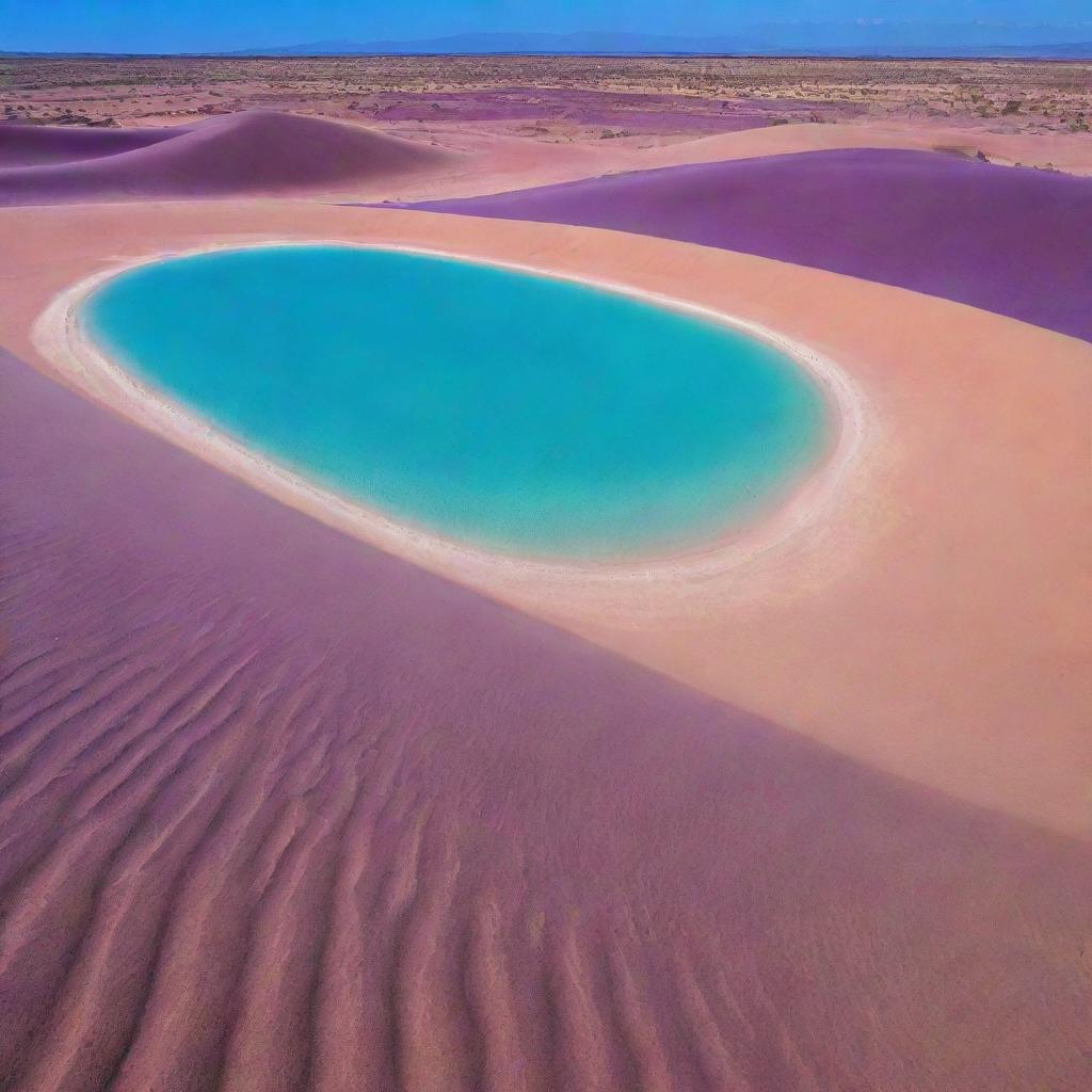 A wonderful vision of a purple oasis, complete with deep violet sand dunes and contrastingly vibrant turquoise water.