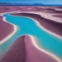 A wonderful vision of a purple oasis, complete with deep violet sand dunes and contrastingly vibrant turquoise water.