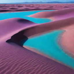 A wonderful vision of a purple oasis, complete with deep violet sand dunes and contrastingly vibrant turquoise water.