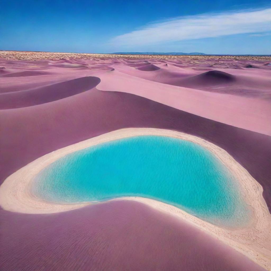 A wonderful vision of a purple oasis, complete with deep violet sand dunes and contrastingly vibrant turquoise water.