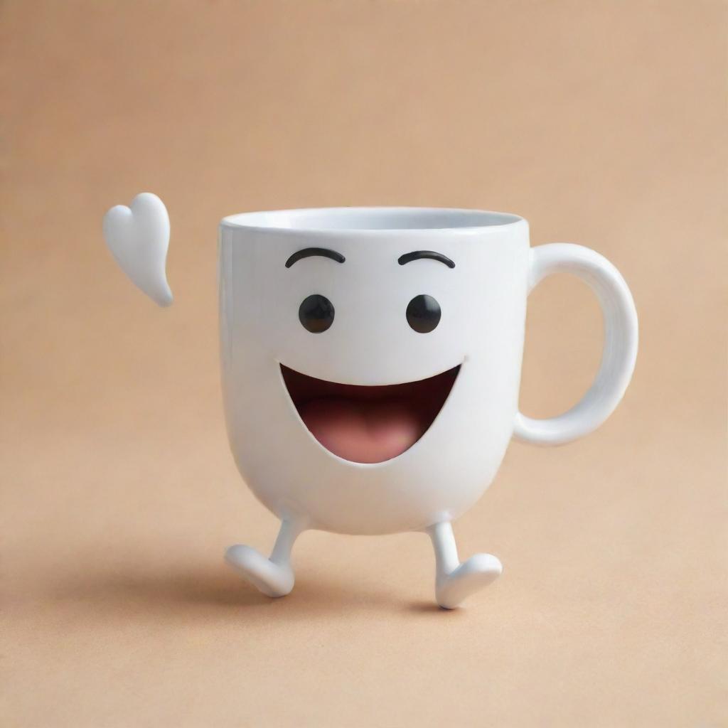 An animated coffee mug with legs and joyful expressions, strolling cheerfully.