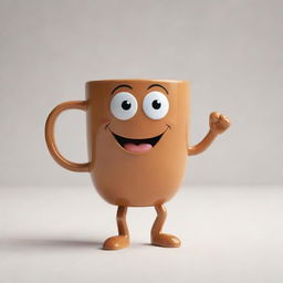 An animated coffee mug with legs and joyful expressions, strolling cheerfully.