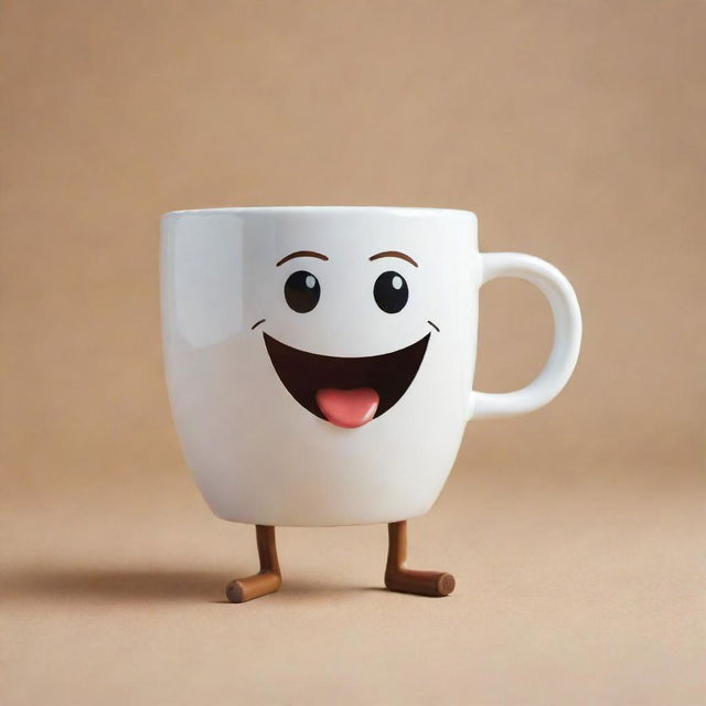 An animated coffee mug with legs and joyful expressions, strolling cheerfully.