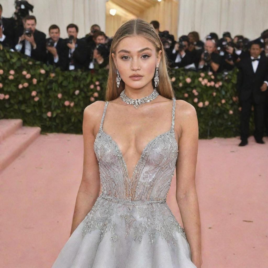 Create a white version of Gigi Hadid's dress from the 2018 Met Gala.