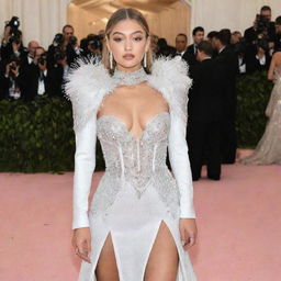 Create a white version of Gigi Hadid's dress from the 2018 Met Gala.