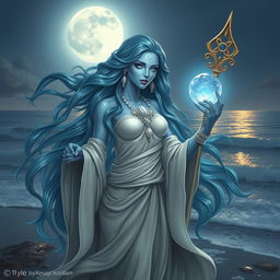 A serene water genasi cleric, embodying the essence of water, with her skin a mesmerizing shade of blue reminiscent of a tranquil ocean