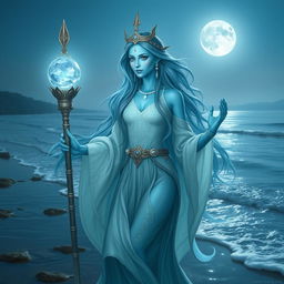 A serene water genasi cleric, embodying the essence of water, with her skin a mesmerizing shade of blue reminiscent of a tranquil ocean