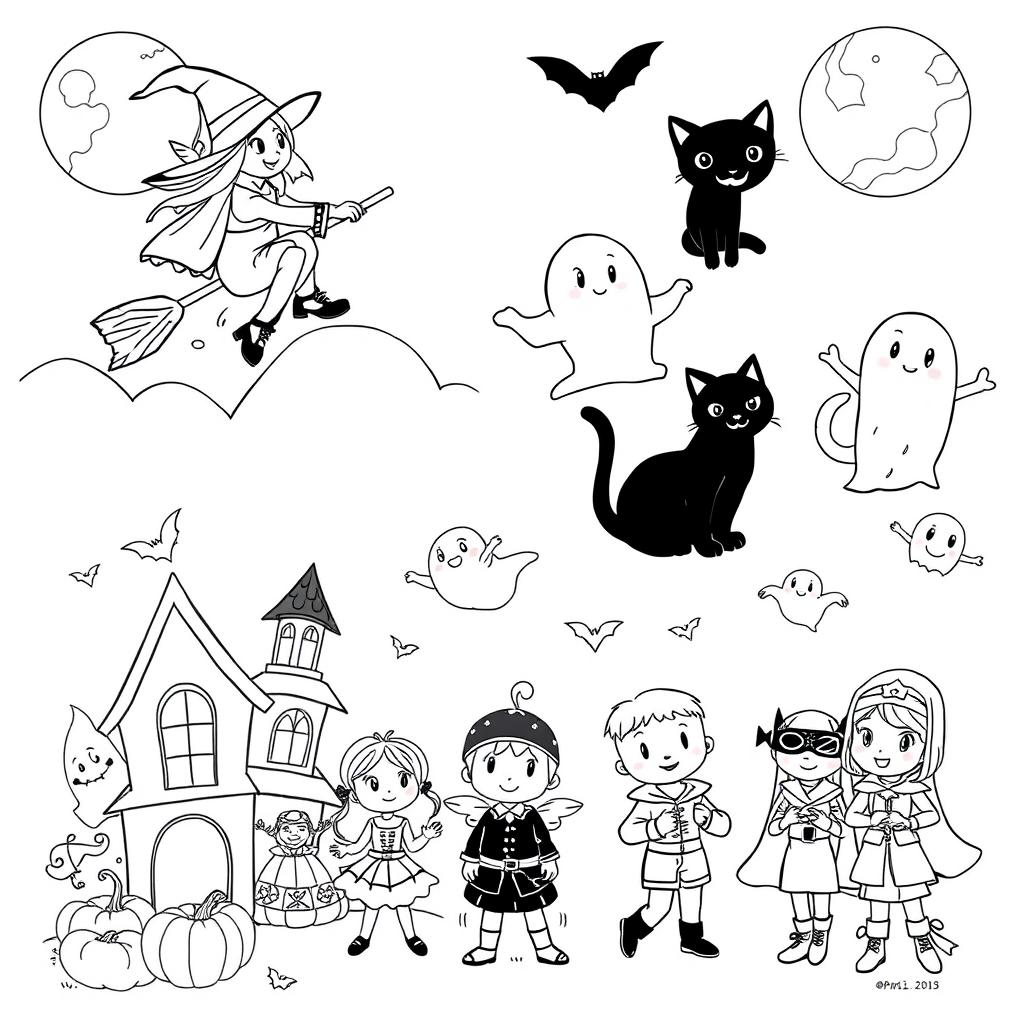 A page featuring black and white illustrations of various Halloween-themed scenes perfect for a children's coloring book