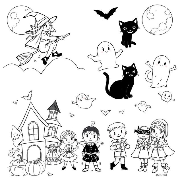 A page featuring black and white illustrations of various Halloween-themed scenes perfect for a children's coloring book