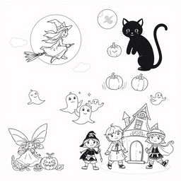 A page featuring black and white illustrations of various Halloween-themed scenes perfect for a children's coloring book