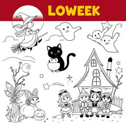 A page featuring black and white illustrations of various Halloween-themed scenes perfect for a children's coloring book