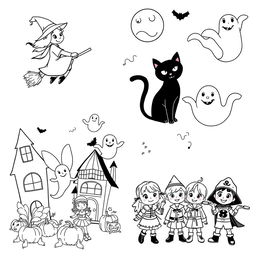 A page featuring black and white illustrations of various Halloween-themed scenes perfect for a children's coloring book