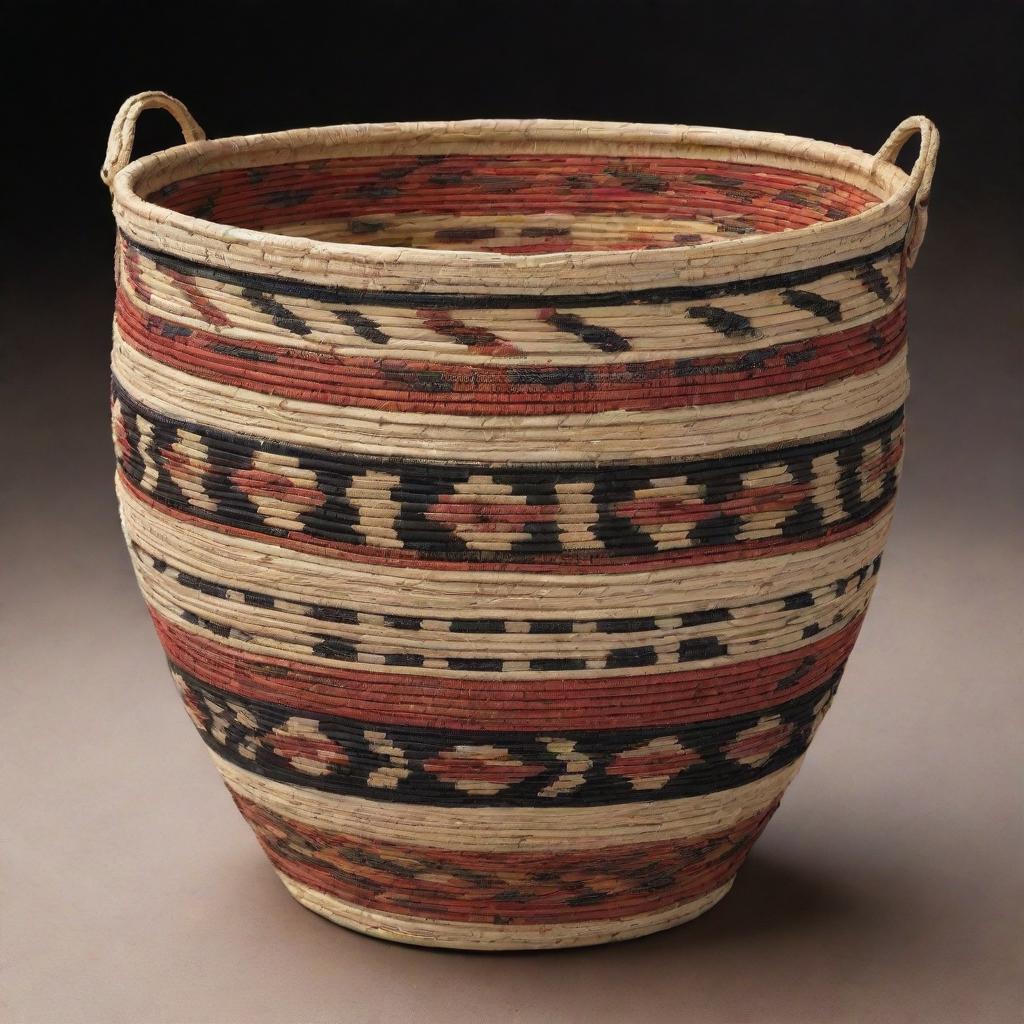 Create a highly-detailed illustration of a Tiruray basket embellished with traditional tribal patterns. The basket should showcase intricate weaves and design elements indigenous to the Tiruray culture.