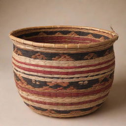 Create a highly-detailed illustration of a Tiruray basket embellished with traditional tribal patterns. The basket should showcase intricate weaves and design elements indigenous to the Tiruray culture.