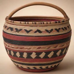 Create a highly-detailed illustration of a Tiruray basket embellished with traditional tribal patterns. The basket should showcase intricate weaves and design elements indigenous to the Tiruray culture.