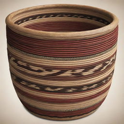 Create a highly-detailed illustration of a Tiruray basket embellished with traditional tribal patterns. The basket should showcase intricate weaves and design elements indigenous to the Tiruray culture.