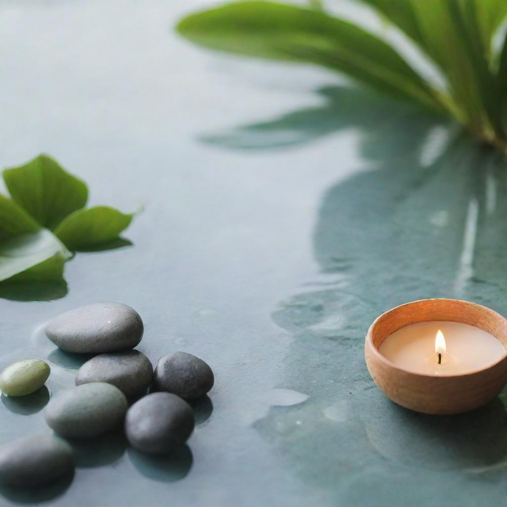 A tranquil and serene spa scene flowing with natural elements like pebbles, bamboo, and water lilies, accompanied by wellness products like essential oils and candles. Incorporate shades of green and blue to imply relaxation for a spa and wellness brand social media post.