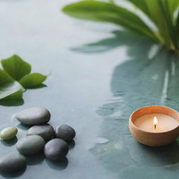 A tranquil and serene spa scene flowing with natural elements like pebbles, bamboo, and water lilies, accompanied by wellness products like essential oils and candles. Incorporate shades of green and blue to imply relaxation for a spa and wellness brand social media post.