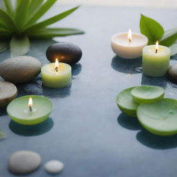 A tranquil and serene spa scene flowing with natural elements like pebbles, bamboo, and water lilies, accompanied by wellness products like essential oils and candles. Incorporate shades of green and blue to imply relaxation for a spa and wellness brand social media post.