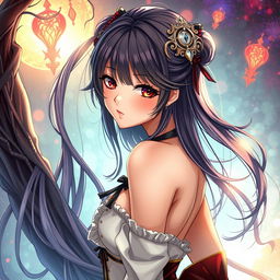 A sexy anime girl with a captivating pose, featuring intricate and alluring details, beautiful long hair cascading around her, wearing imaginative and appealing attire that accentuates her features in a tasteful and artistic manner, set in a vibrant, fantasy-inspired background that adds depth and intrigue to the scene