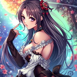 A sexy anime girl with a captivating pose, featuring intricate and alluring details, beautiful long hair cascading around her, wearing imaginative and appealing attire that accentuates her features in a tasteful and artistic manner, set in a vibrant, fantasy-inspired background that adds depth and intrigue to the scene