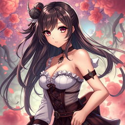 A sexy anime girl with a captivating pose, featuring intricate and alluring details, beautiful long hair cascading around her, wearing imaginative and appealing attire that accentuates her features in a tasteful and artistic manner, set in a vibrant, fantasy-inspired background that adds depth and intrigue to the scene