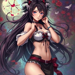 A sexy anime girl with a captivating pose, featuring intricate and alluring details, beautiful long hair cascading around her, wearing imaginative and appealing attire that accentuates her features in a tasteful and artistic manner, set in a vibrant, fantasy-inspired background that adds depth and intrigue to the scene