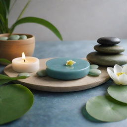 A tranquil and serene spa scene flowing with natural elements like pebbles, bamboo, and water lilies, accompanied by wellness products like essential oils and candles. Incorporate shades of green and blue to imply relaxation for a spa and wellness brand social media post.