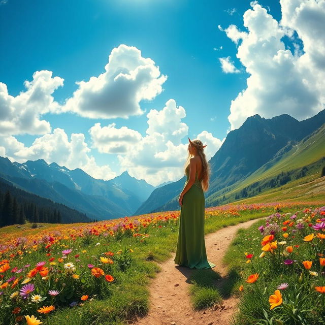 Two elves standing on a dirt trail surrounded by a vibrant flower meadow, with majestic mountains in the background