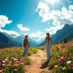 Two elves standing on a dirt trail surrounded by a vibrant flower meadow, with majestic mountains in the background