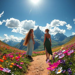 Two elves standing on a dirt trail surrounded by a vibrant flower meadow, with majestic mountains in the background