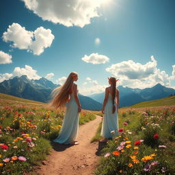 Two elves standing on a dirt trail surrounded by a vibrant flower meadow, with majestic mountains in the background