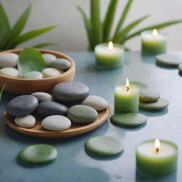 A tranquil and serene spa scene flowing with natural elements like pebbles, bamboo, and water lilies, accompanied by wellness products like essential oils and candles. Incorporate shades of green and blue to imply relaxation for a spa and wellness brand social media post.