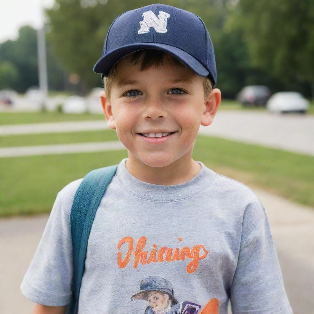 A young boy with bright, curious eyes and a gentle smile. He's sporting a baseball cap and holds a skateboard under his arm, signifying his adventurous spirit.