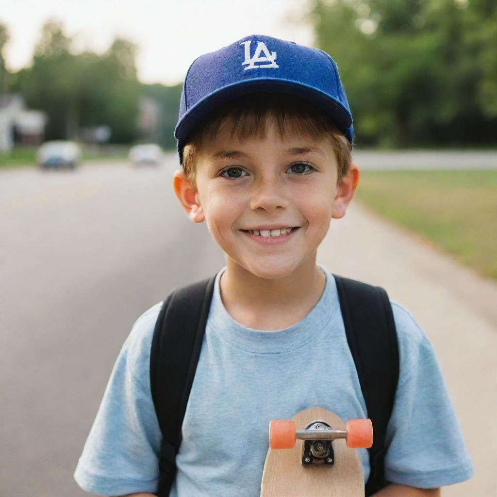 A young boy with bright, curious eyes and a gentle smile. He's sporting a baseball cap and holds a skateboard under his arm, signifying his adventurous spirit.