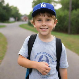 A young boy with bright, curious eyes and a gentle smile. He's sporting a baseball cap and holds a skateboard under his arm, signifying his adventurous spirit.