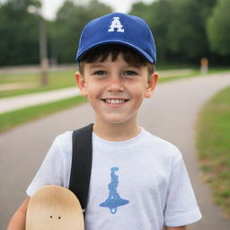 A young boy with bright, curious eyes and a gentle smile. He's sporting a baseball cap and holds a skateboard under his arm, signifying his adventurous spirit.