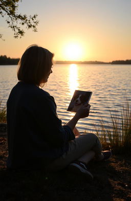 A serene and comforting scene depicting a person sitting at a peaceful lakeside, holding a photograph of a beloved pet