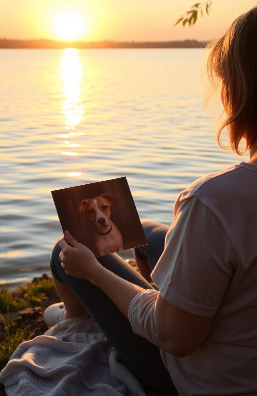 A serene and comforting scene depicting a person sitting at a peaceful lakeside, holding a photograph of a beloved pet