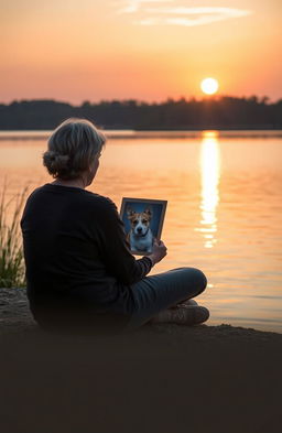 A serene and comforting scene depicting a person sitting at a peaceful lakeside, holding a photograph of a beloved pet